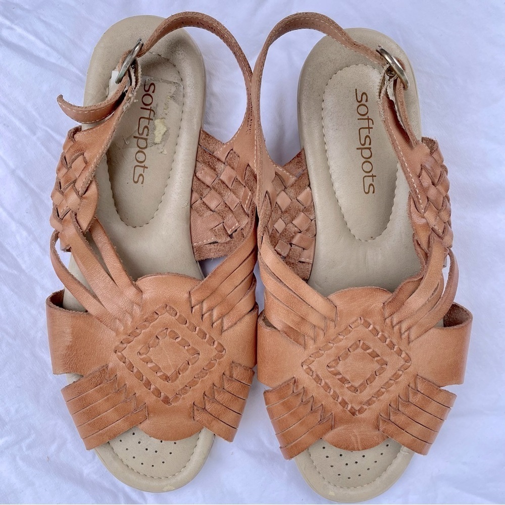 SOFTSPOTS TELA WOVEN HUARACHE LEATHER DARK BEIGE/NATURAL SANDALS SIZE 6W